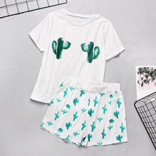 Load image into Gallery viewer, Womens Homewear Cute Cartoon Printed Pajamas Set Casual Short Sleeve T-Shirt Sleepwear Nightwear Set Summer Pyjama For Women Set