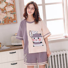 Load image into Gallery viewer, Womens Homewear Cute Cartoon Printed Pajamas Set Casual Short Sleeve T-Shirt Sleepwear Nightwear Set Summer Pyjama For Women Set