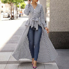 Load image into Gallery viewer, Womens Long Sleeve Stripe Blouse Lace Up Irregular Long V-Neck Shirt Blouse Ladies Long Tops High Low Tunic Tops