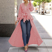 Load image into Gallery viewer, Womens Long Sleeve Stripe Blouse Lace Up Irregular Long V-Neck Shirt Blouse Ladies Long Tops High Low Tunic Tops