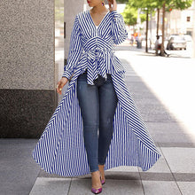 Load image into Gallery viewer, Womens Long Sleeve Stripe Blouse Lace Up Irregular Long V-Neck Shirt Blouse Ladies Long Tops High Low Tunic Tops