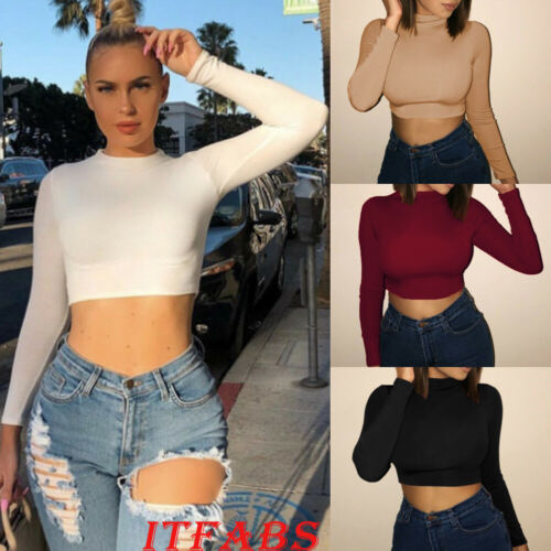 Womens Stylish Solid Slim Crop Tops Sexy Women Lady Long Sleeve Sheath Short Tops Turtle Neck Basic Tee Tops