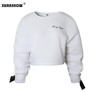 XUANSHOW Women's Sweatshirt 2018 Fashion Spring Autumn Women Bowknot Pink White Female Crop Tops Casual Short Women Clothes