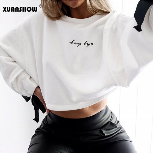 XUANSHOW Women's Sweatshirt 2018 Fashion Spring Autumn Women Bowknot Pink White Female Crop Tops Casual Short Women Clothes