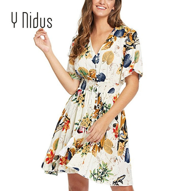 Y Nidus Women's Dresses Summer Dress 2019 Maxi Button Up Split Floral Print Flowy V-Neck Beach Evening Party Dresses vestidos