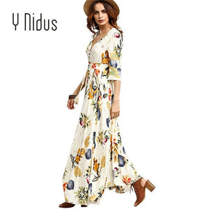 Y Nidus Women's Dresses Summer Dress 2019 Maxi Button Up Split Floral Print Flowy V-Neck Beach Evening Party Dresses vestidos