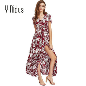 Y Nidus Women's Dresses Summer Dress 2019 Maxi Button Up Split Floral Print Flowy V-Neck Beach Evening Party Dresses vestidos