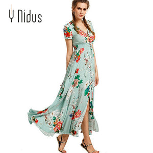 Y Nidus Women's Dresses Summer Dress 2019 Maxi Button Up Split Floral Print Flowy V-Neck Beach Evening Party Dresses vestidos