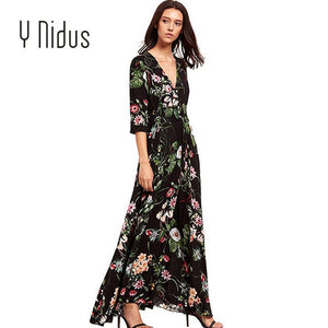 Y Nidus Women's Dresses Summer Dress 2019 Maxi Button Up Split Floral Print Flowy V-Neck Beach Evening Party Dresses vestidos