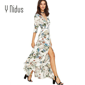 Y Nidus Women's Dresses Summer Dress 2019 Maxi Button Up Split Floral Print Flowy V-Neck Beach Evening Party Dresses vestidos