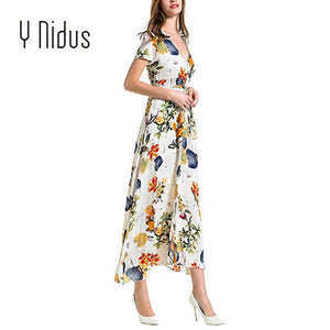 Y Nidus Women's Dresses Summer Dress 2019 Maxi Button Up Split Floral Print Flowy V-Neck Beach Evening Party Dresses vestidos