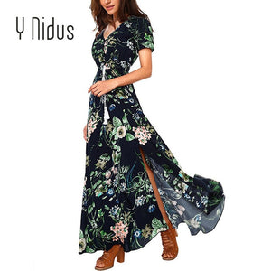 Y Nidus Women's Dresses Summer Dress 2019 Maxi Button Up Split Floral Print Flowy V-Neck Beach Evening Party Dresses vestidos