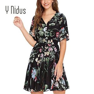 Y Nidus Women's Dresses Summer Dress 2019 Maxi Button Up Split Floral Print Flowy V-Neck Beach Evening Party Dresses vestidos