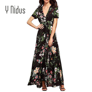 Y Nidus Women's Dresses Summer Dress 2019 Maxi Button Up Split Floral Print Flowy V-Neck Beach Evening Party Dresses vestidos