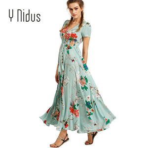 Y Nidus Women's Dresses Summer Dress 2019 Maxi Button Up Split Floral Print Flowy V-Neck Beach Evening Party Dresses vestidos