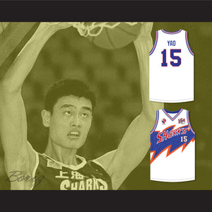 Yao Ming 15 Shanghai Sharks White Basketball Jersey with CBA & Sharks Patch
