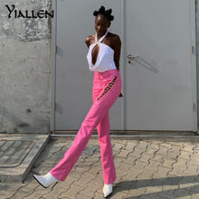 Load image into Gallery viewer, Yiallen Hollow Out Bandage Hipster Straight Trousers Women 2021 Faux PU Leather Solid Fashion Street Style Pants Female Hot
