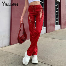 Load image into Gallery viewer, Yiallen Hollow Out Bandage Hipster Straight Trousers Women 2021 Faux PU Leather Solid Fashion Street Style Pants Female Hot