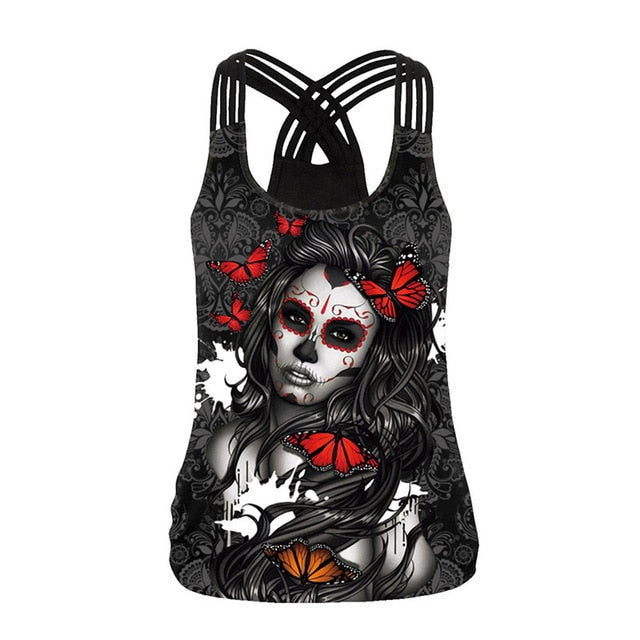 [You're My Secret] 2019 Summer Skull Girl Digital Print Women's Tank Tops Fantastic Gothic Style Sling Top Sexy Backless Vest