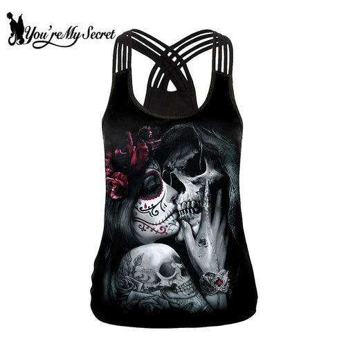 [You're My Secret] 2019 Summer Skull Girl Digital Print Women's Tank Tops Fantastic Gothic Style Sling Top Sexy Backless Vest