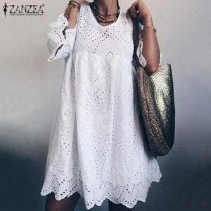 ZANZEA 2020 Bohemain Lace Dress Women's Summer Sundress Fashion Flare Sleeve Knee Length Vestidos Female Hollow Cotton Robe 5XL