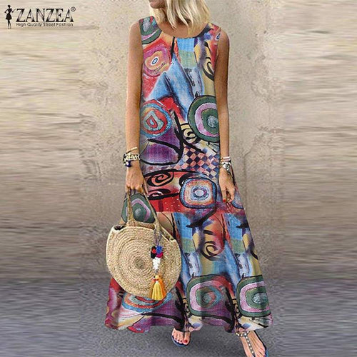 ZANZEA 2020 Summer Printed Maxi Dress Women's Sundress Vintage O Neck Sleeveless Tunic Vestidos Plus Size Casual Robe Femme 5XL