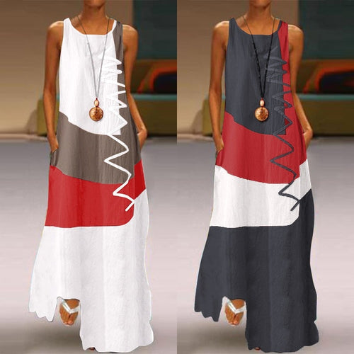 ZANZEA 2020 Vintage Color Stitching Maxi Dress Women's Summer Sundress Casual Sleeveless Tank Vestidos Female O Neck Robe Femme