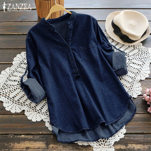 ZANZEA 2020 Women's Denim Blue Shirts Fashion Autumn Blouse Casual Button V Neck Long Sleeve Tops Plus Size Jean Tunic Blusa 5XL