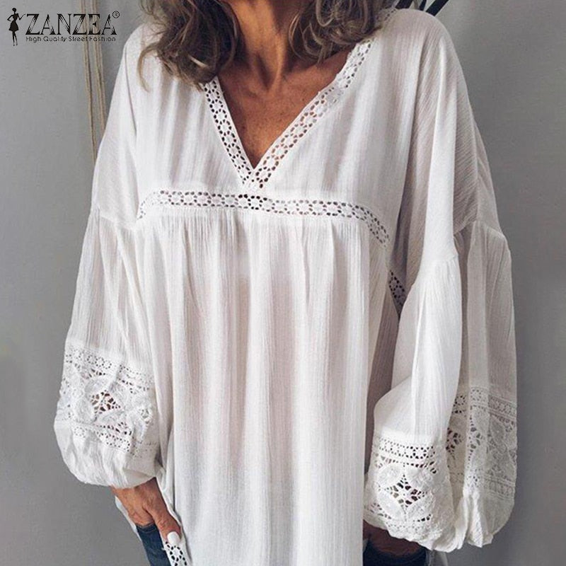 ZANZEA Elegant Lace Patchwork Blouse Women Tunic Sexy V Neck Puff Sleeve Blusas Mujer Female Transparent White Shirts Plus Size