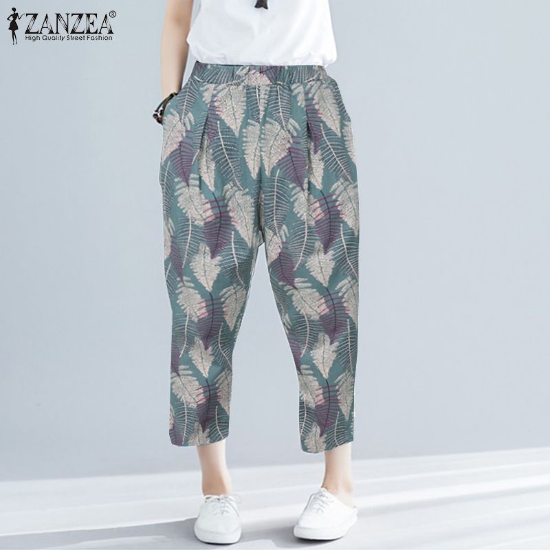 ZANZEA Women Casual Cotton Pants Ladies Bohemian Floral Printed Trousers Female Long Harem Pants Elastic Waist Pantalones S-5XL