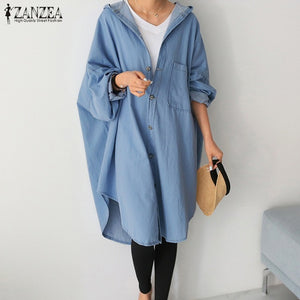 ZANZEA Women Denim Blue Jackets Autumn Hoodies  Sleeve Thin Coats Casual Buttons Down Long Outwear Loose Solid Cardigan