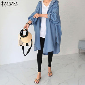 ZANZEA Women Denim Blue Jackets Autumn Hoodies  Sleeve Thin Coats Casual Buttons Down Long Outwear Loose Solid Cardigan