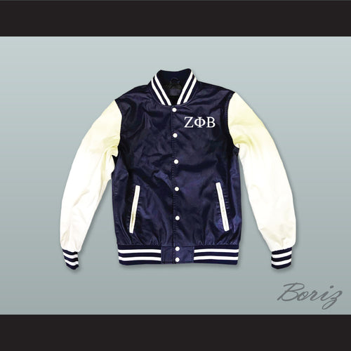 Zeta Phi Beta Sorority Navy Blue and White Lab Leather Varsity Letterman Jacket