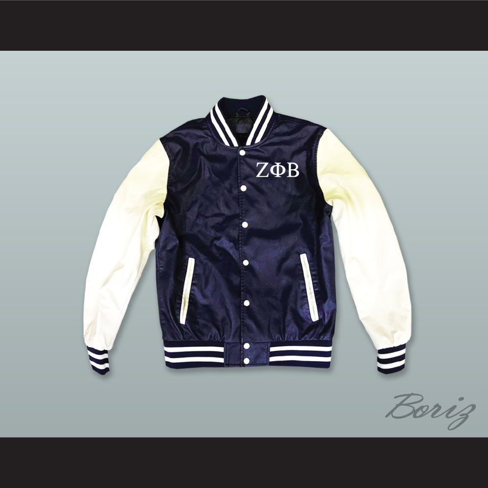 Zeta Phi Beta Sorority Navy Blue and White Lab Leather Varsity Letterman Jacket