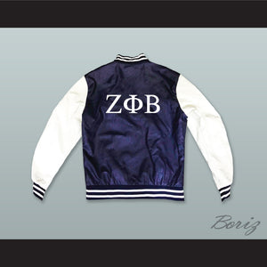 Zeta Phi Beta Sorority Navy Blue and White Lab Leather Varsity Letterman Jacket