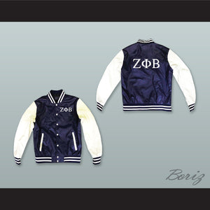 Zeta Phi Beta Sorority Navy Blue and White Lab Leather Varsity Letterman Jacket