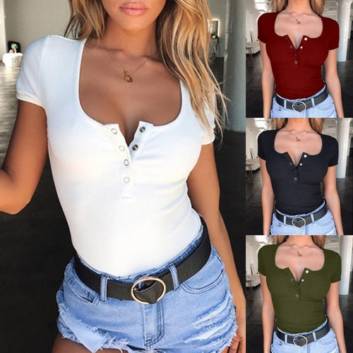 feitong Best Sale 2020 Red White New Summer Sexy Girl Fashion Womens Sexy Solid Short Sleeve Button Fashion T-ShirtArriba @122