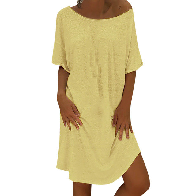 feitong Four colors!! S-4XL New Arrival Women O Neck Casual Solid  Above Knee Dress  Sleeve Loose Party  Mini Dress Vestido @17
