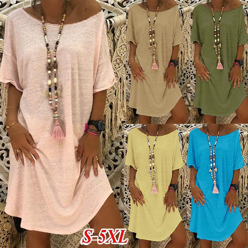 feitong Four colors!! S-4XL New Arrival Women O Neck Casual Solid  Above Knee Dress  Sleeve Loose Party  Mini Dress Vestido @17