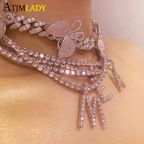 hip hop Men women pink cz jewelry 2020 iced out cubic zirconia 5mm cz tennis chain Bubble Letter Alphabet Charm pendant necklace
