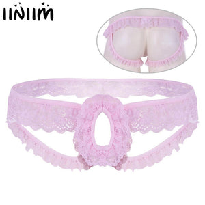 iiniim Mens Lingerie Gay Sexy Panties Lace Frilly Sissy Panties Crotchless Open Back Briefs Underwear Underpants with Open Hole