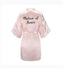 Load image into Gallery viewer, new bride bridesmaid robe with white black letters mother sister of the bride wedding gift bathrobe kimono satin robes