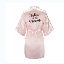 Load image into Gallery viewer, new bride bridesmaid robe with white black letters mother sister of the bride wedding gift bathrobe kimono satin robes
