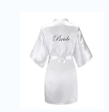 Load image into Gallery viewer, new bride bridesmaid robe with white black letters mother sister of the bride wedding gift bathrobe kimono satin robes