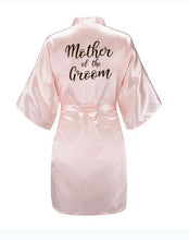 Load image into Gallery viewer, new bride bridesmaid robe with white black letters mother sister of the bride wedding gift bathrobe kimono satin robes