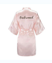 Load image into Gallery viewer, new bride bridesmaid robe with white black letters mother sister of the bride wedding gift bathrobe kimono satin robes