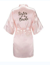 Load image into Gallery viewer, new bride bridesmaid robe with white black letters mother sister of the bride wedding gift bathrobe kimono satin robes