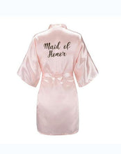 Load image into Gallery viewer, new bride bridesmaid robe with white black letters mother sister of the bride wedding gift bathrobe kimono satin robes