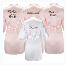 Load image into Gallery viewer, new bride bridesmaid robe with white black letters mother sister of the bride wedding gift bathrobe kimono satin robes