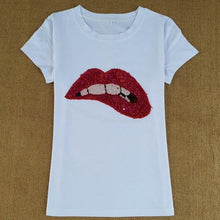 Load image into Gallery viewer, new women sequins lips round neck short-sleeved T-shirt camisetas mujer